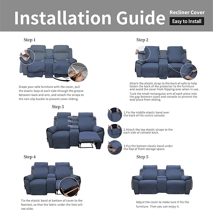 Easy-Going Loveseat Recliner Cover with Console, Reversible Couch Cover for Living Room, Split Sofa Cover for Each Seat with Elastic Straps for Kids, Dogs, Pets(2 Seater, Dark Blue/Light Blue)