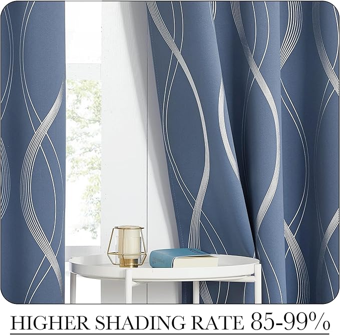 NICETOWN Stone Blue Blackout Curtains 54 inch Long Small Panels, 42 Inch Wide, Window Treatment Thermal Insulated Wave Line Foil Print Design Drapes for Kitchen, Cafe, Loft, Set of 2