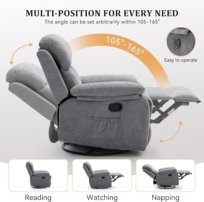 Recliner Chair, 360 Swivel Rocker Chair for Adults, Small Rocking Recliner Chair for Small Spaces, Upholstered Chenille Fabric Glider Recliner Nursery Chair with Side Pockets for Living Room