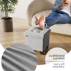 Storage Ottoman Cube with Small Bin, 15-in Square Ottoman with Storage for Living Room and Bedroom, Small Ottomans Foot Rest, Velvet Foot Stools Ottomans Max 330lbs, Light Grey