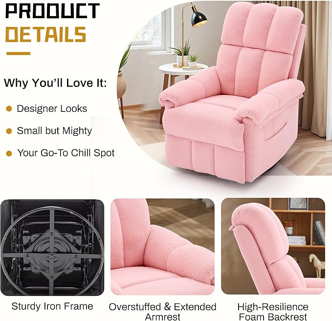 Recliner Chair, Swivel Rocker Recliner Chair for Adults, Small Recliners for Small Spaces, Manual Recliner with Side Pockets, Upholstered Nursery Rocking Chair for Living Room, Sherpa, Pink