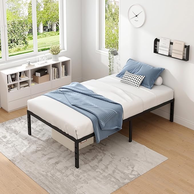 Metal Bed Frame,Twin Size Bed Frame with Storage Space,Heavy Duty Sturdy Mattress Foundation,Easy Assembly,No Box Spring Needed, Black,16 Inch,Twin