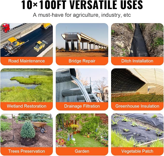 VEVOR Geotextile Landscape, 10ft x 100ft 8 oz Non-Woven PP Drainage 350N Tensile Strength & 440 N Load Capacity, for Ground Cover, Garden Fabric, French Drains, Black