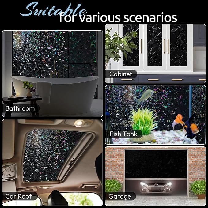 rabbitgoo Window Privacy Film Rainbow Film Decorative Window Sticker, 3D Static Stained Glass Cling Tint for Room Darkening Day Sleep, Black, 23.6 x 118.1 inches