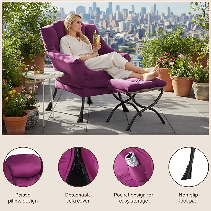 Welnow Lazy Chair with Ottoman, Modern Accent Chair with Armrests and a Side Pocket, Leisure Sofa Armchair Set, Reading Armchair with Footrest for Small Space, Dark Purple