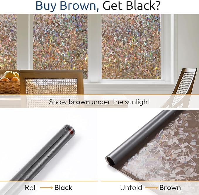 rabbitgoo Window Privacy Film Rainbow Film Decorative Window Sticker, 3D Static Stained Glass Cling Tint for Home Heat Control Non-Adhesive, Brown, 35.4 x 118.1 inches