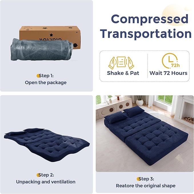 MAXYOYO Folding Sofa Couch, Convertible Floor Sleeper Couch with 2 Pillows, Tufted Floor Loveseat Couch Tufted Fold Out Chair Bed Comfy Sofa Lounge for Living Room Bedroom, Navy