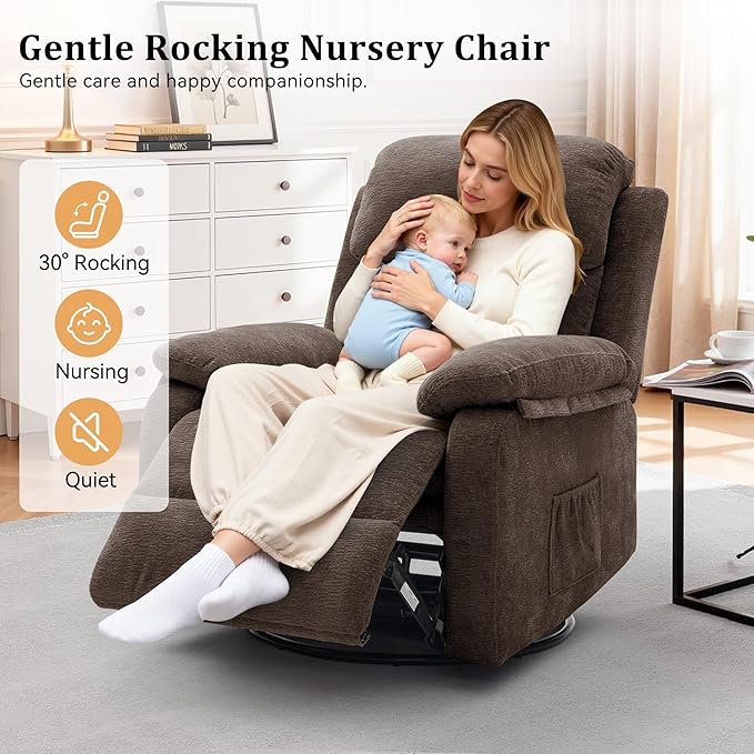 Recliner Chair, 360 Swivel Rocker Chair for Adults, Small Rocking Recliner Chair for Small Spaces, Upholstered Chenille Fabric Glider Recliner Nursery Chair with Side Pockets for Living Room
