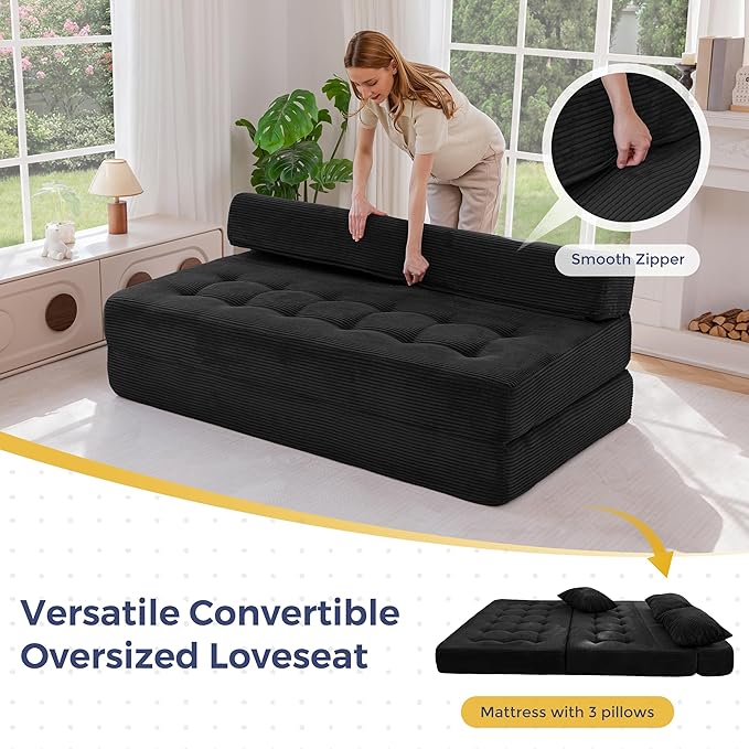 MAXYOYO Folding Sofa Couch, Convertible Floor Sleeper Couch with 2 Pillows, Tufted Floor Oversized Loveseat Couch Tufted Fold Out Chair Bed Comfy Sofa Lounge for Living Room Bedroom, Black