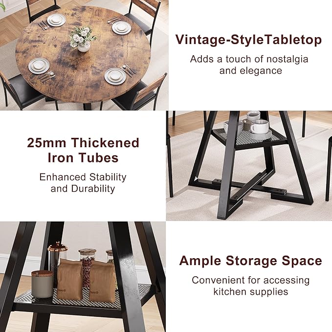 Round Dining Table for 4,Kitchen Dining Room Circle Dinner Pedestal Table,Space Saving Wood Kitchen & Dining Room Furniture (Vintage, 42In)