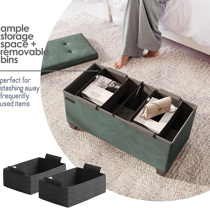 Storage Ottoman Bench with Bins, 30-in Storage Bench for Bedroom End of Bed, Folding Foot Rest Ottoman for Living Room Max 660lbs, Leather Ottomans, Green