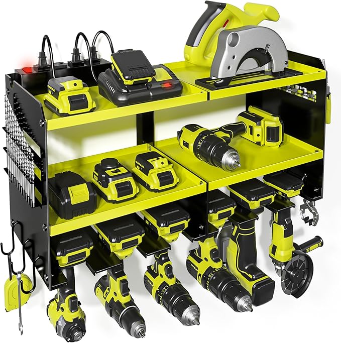 Power Tool Organizer, 15 Min Quick Assembly & Max 420lb Load by Heavy Duty Metal, 6 Slots for Cordless Drill with 4 Outlet Power Strip in Garage/Workshop/Suitable for Thanksgiving/Christmas