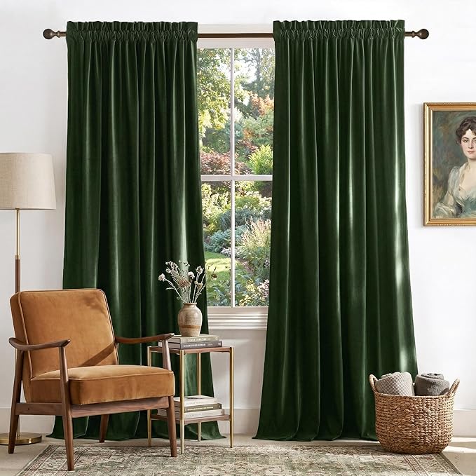 NICETOWN Green Velvet Curtains 120 inches - Olive Green Light Filtering Curtains for Bedroom and Living Room, Thermal Insulated Soft Luxury Home Decor, W52 x L120, 2 Panels