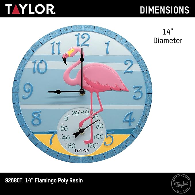Taylor Flamingo Poly Resin Indoor and Outdoor Clock and Thermometer, Wireless Thermometer with Easy to Read Large Numbers for Patio, Pool, and Indoor Areas, 14-inch, Multi-Color