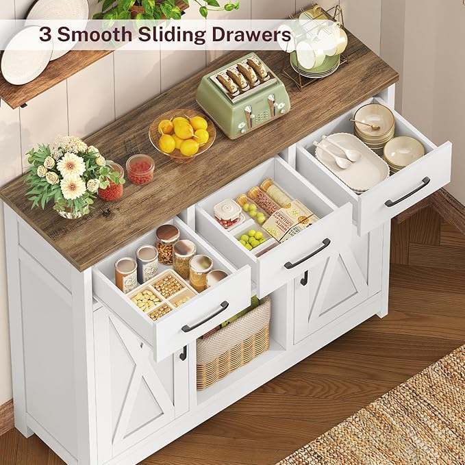 TEENFON Storage Cabinet, Coffee Bar Cabinet with 3 Drawers, 2 Adjustable Shelves & 2 Doors, Buffet Cabinet, Kitchen Cabinet for Kitchen, Dining Room, Living Room, White