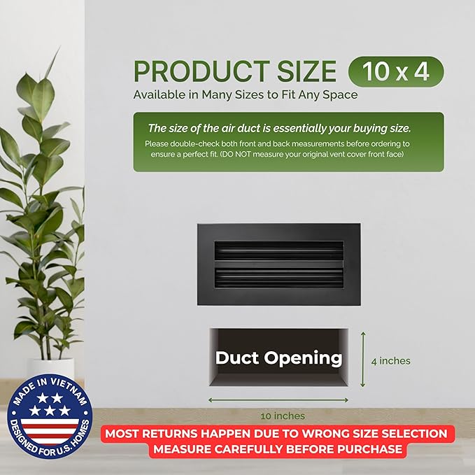 Modern Air Vent Cover 10x4 (Duct Opening) - Decorative Black Aluminum Linear Slot Diffuser for Wall, Ceiling, Floor Register - Quiet Operation HVAC Grille for Home with Adjustable Airflow