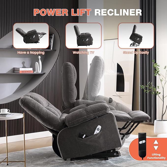 Power Lift Recliner Chair for Elderly with Vibration Massage and Lumbar Heating, Electric Lift Recliner Single Sofa with Side Pocket and USB Charge Port for Living Room