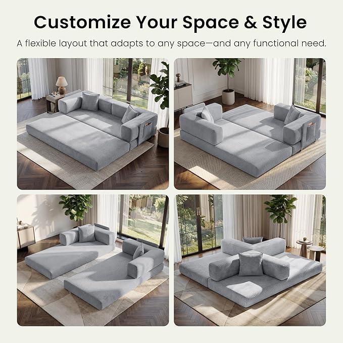 78.8" Convertible Futon Sofa Bed,Corduroy Futon Couch with Storage Pocket,Folding Pull Out Sofa,No Assembly Boneless Couch for Living Room,Grey