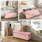 Storage Ottoman Bench with Bins, 43-in Storage Bench for Bedroom End of Bed, Folding Foot Rest Ottoman for Living Room Max 660lbs, Fabric Ottomans, Pink