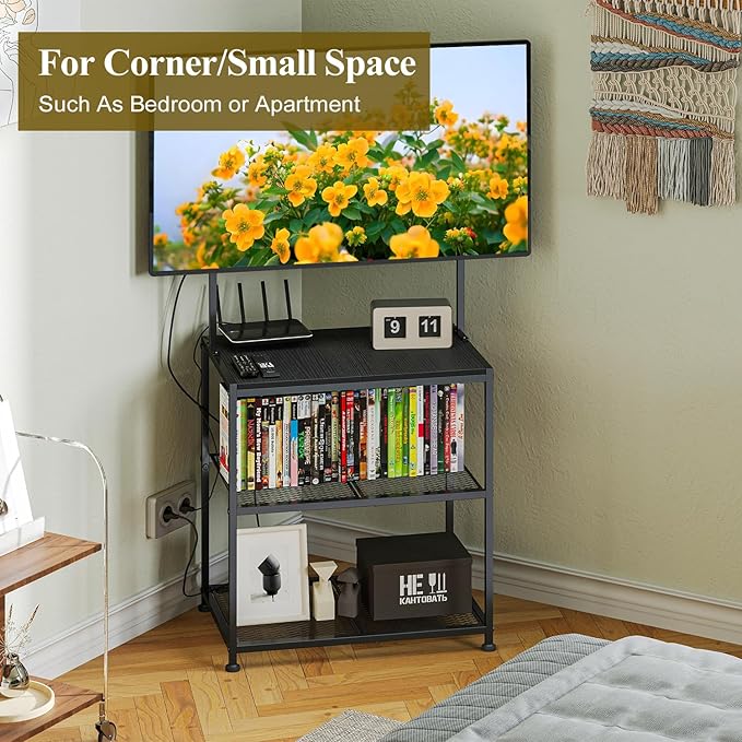 23 Inch to 50 Inch Floor Small Corner TV Stand with Storage Shelves for Living Room Bedroom, Universal Floor Television Stands with Mount, Farmhouse Black TV Table Desk Shelf for Small Spaces