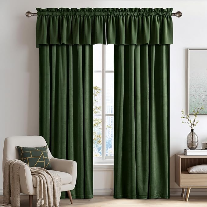 NICETOWN Velvet Cafe Windows Valance, Olive Green Window Treatment for Kitchen, Privacy Protection Home Decoration for Living Room, W52 x L18, 1 Panel