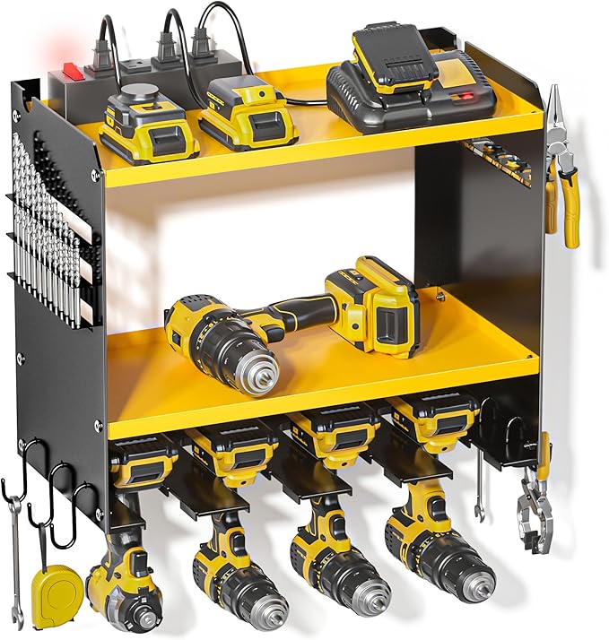 Power Tool Organizer Wall Mount with Charging Station, Tool Battery Holder with 4 Outlet Power Strip15 Min Assembly & Maximum 100lb Load by Heavy Duty Metal, 4 Slots for Cordless Drill