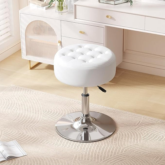 Furniliving Mid-Century Tufted Adjustable Swivel Makeup Ottoman Stool; Modern Big Size Round Vanity Stool Chair for Bedroom Living Room (White)