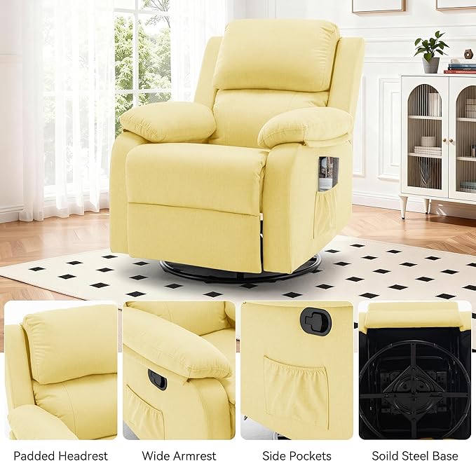 Recliner Chair, 360 Swivel Rocker Chair for Adults, Small Rocking Recliner for Small Spaces, Upholstered Fabric Glider Recliner Nursery