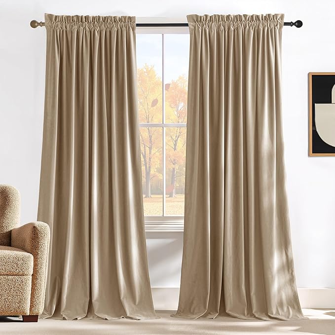NICETOWN Beige Velvet Room Darkening Curtains, Home Decor Light Blocking Thermal Insulated Drapes for Theater and Movie Room (Set of 2, 90 inches Long)