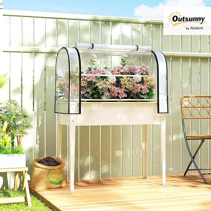 Outsunny Raised Garden Bed with Flip-Up Greenhouse Cover, Metal Elevated Garden Bed with Legs and Drainage Hole, Outdoor Raised Planter Box for Vegetables Herbs Flowers, 39.4" x 19.3" x 53.5", White
