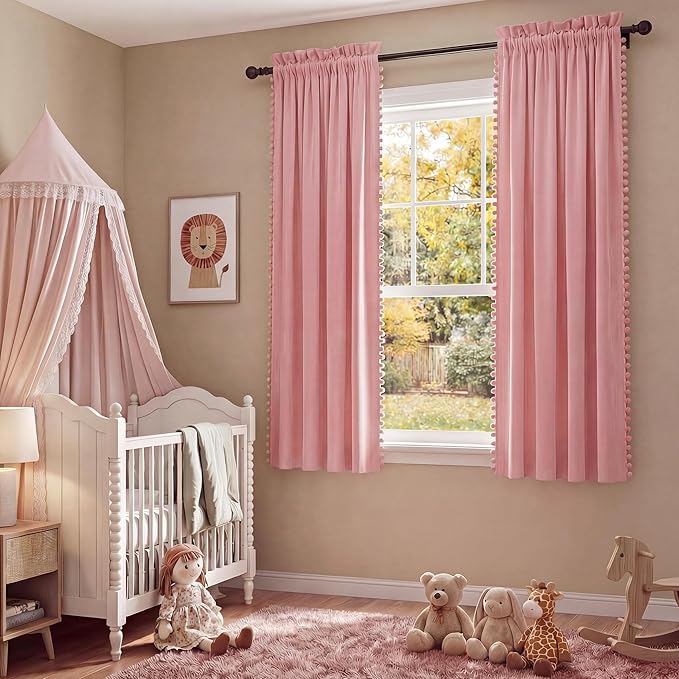 NICETOWN Blush Pink Short Velvet Curtains with Cute Pom-Pom Trim for Nursery 63 inch Long – Luxury Room Darkening Drapes Light Filtering Window Treatment for Girls, 52" W x 63" L, 2 Panels