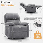 Recliner Chair, 360 Swivel Rocker Chair for Adults, Small Rocking Recliner Chair for Small Spaces, Upholstered Chenille Fabric Glider Recliner Nursery Chair with Side Pockets for Living Room