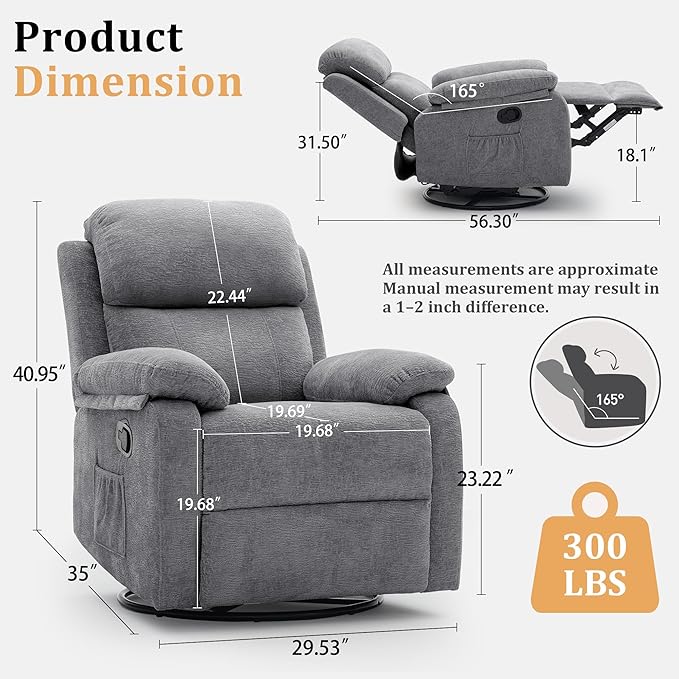 Recliner Chair, 360 Swivel Rocker Chair for Adults, Small Rocking Recliner Chair for Small Spaces, Upholstered Chenille Fabric Glider Recliner Nursery Chair with Side Pockets for Living Room