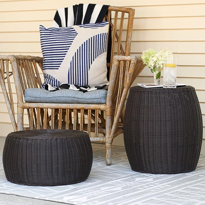 Household Essentials Handwoven Resin Storage Stool Ottoman, Brown