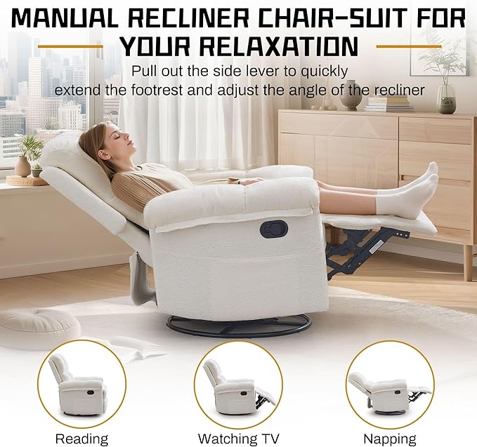 Recliner Chair, Swivel Rocker Recliner Chair for Adults, Small Recliners for Small Spaces, Upholstered Manual Recliner with Side Pockets, Nursery Rocking Chair for Living Room, Chenille, Beige