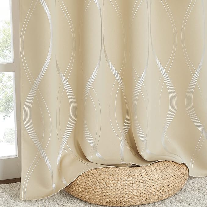 NICETOWN Bedroom Short Blackout Curtain Panels, Window Treatment Thermal Insulated Room Darkening Wave Line Foil Print Design Curtains for Kitchen, Cafe, Loft (Biscotti Beige, Set of 2, 42 by 63 Inch)