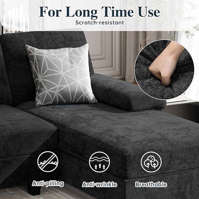 Shintenchi U-Shaped Sectional Couches for Living Room, 4 Seat Sofa with Double Chaise Lounges,Solid Wood Frame Sectional Sofa for Apartment,Black