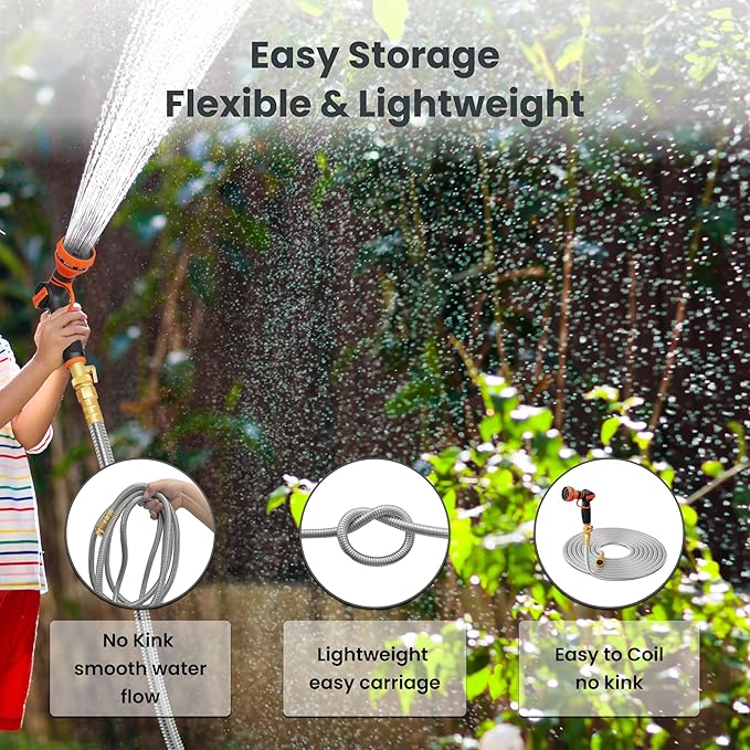Girafe Tools Garden Hose 100ft x 5/8", 304 Stainless Steel Metal Water Hose, No Kink Garden Water Hose with 9 Pattern Spray Nozzle, Flexible, Lightweight, Kink Free Hose for Yard, Outdoor