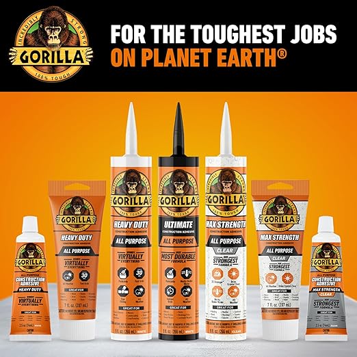 Gorilla Max Strength Construction Adhesive, Clear Glue, 7 Ounce Squeeze Tube (Pack of 1) - Gap Filling and Waterproof