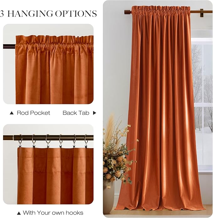 NICETOWN Orange Velvet Curtains 96 inch Long - Room Darkening Red Orange Rod Pocket Privacy Backdrops Drapes Soft Window Treatments for Bedroom and Living Room(2 Panels, 52" Wide)