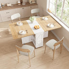 Space Saving Folding Dining Table for 4, Farmhouse Foldable Dining Table with Drawer and Storage Shelf, 6 Wheels Multipose Expandable Kitchen Drop Leaf Table for Small Space (Pear Wood White)