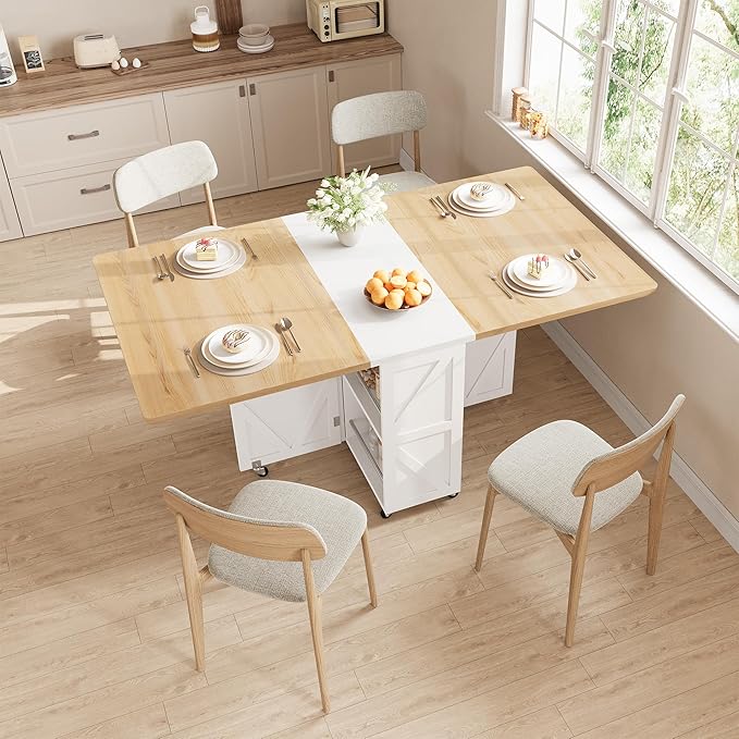 Space Saving Folding Dining Table for 2-4, Farmhouse Foldable Dining Table with Drawer and Storage Shelf, 6 Wheels Drop Leaf Kitchen Dining Room Table for Small Space (Natural, 47.2" x 23.6" x 29.9")