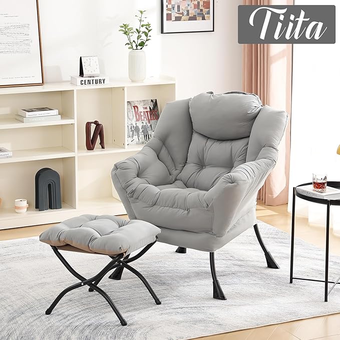 Tiita Lazy Chair with Ottoman, Light Grey Modern Large Accent Chair, Comfy Leisure Sofa Armchair with Ottoman, Reading Chair with Footrest for Bedroom, Living Room, Dorm Rooms, Light Grey