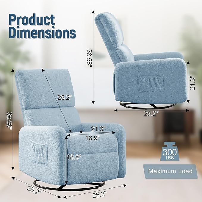 360° Rocking Chair, Nursery Rocker Chair with Side Pockets, Glider Nursing Chair with Steel Structure Base, Small Chair for Small Spaces, Sherpa Swivel Accent Chairs for Living Room, Nursing