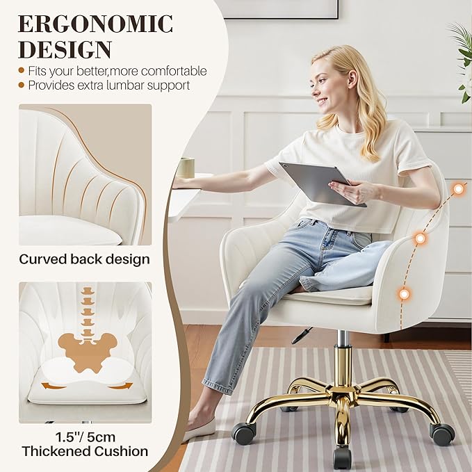 Vanity Chair with Wheels, Comfy Home Office Desk Chairs Adjustable Modern Velvet Makeup Vanity Chairs for Bedroom Living Room-Beige Pack of 2