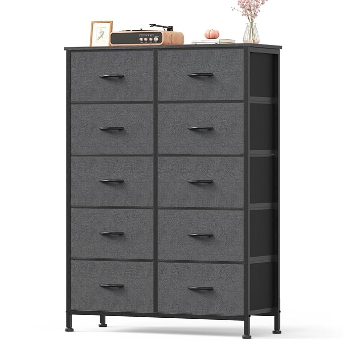 Dresser for Bedroom with 10 Drawers, Anti-Tip Tall Fabric Chests Storage Organizer Tower Furniture with Wooden Top Metal Frame for Clothes, Closet, Living Room, Hallway, Entryway