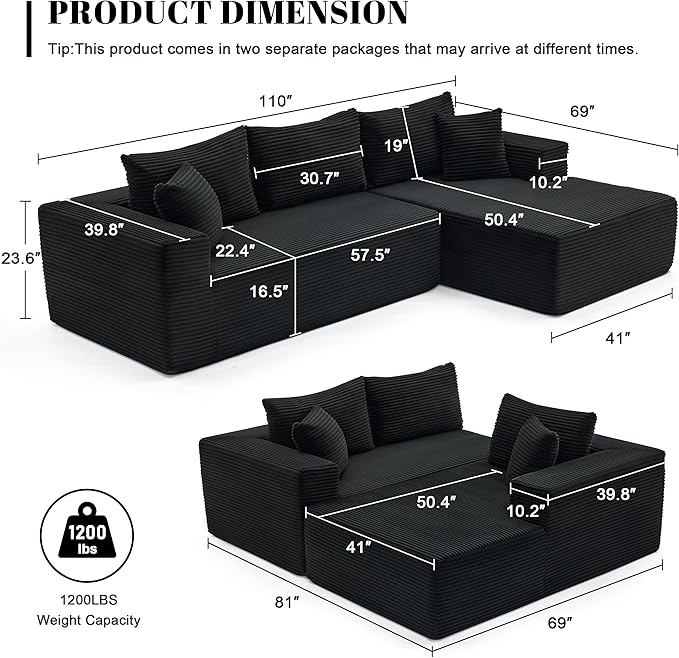 110” Cloud Sectional Couch, Boneless Sofa for Living Room, Modular Sectional Sofa with Deep Seat, Comfy Fluffy Couch with L-Shaped Chaise, No Assembly Required (Right-Facing Chaise, Black)