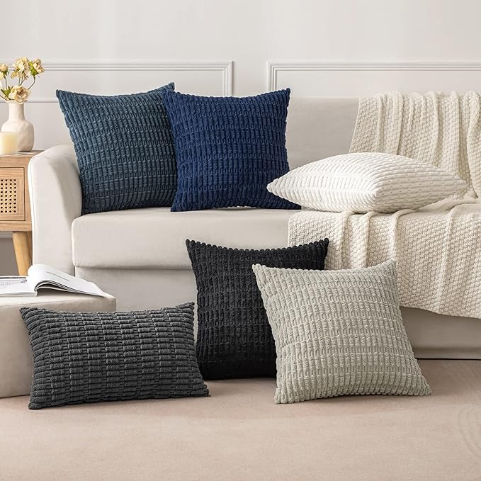 MIULEE Pack of 2 Corduroy Decorative Throw Pillow Covers 18x18 Inch Soft Boho Striped Pillow Covers Modern Farmhouse Home Decor for Sofa Living Room Couch Bed Black