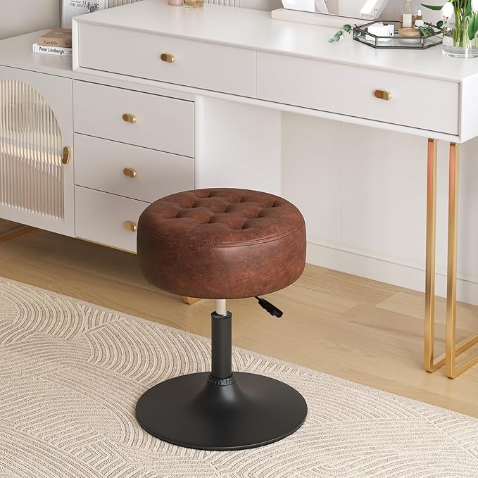 Furniliving Mid-Century Tufted Adjustable Swivel Makeup Ottoman Stool; Modern Big Size Round Vanity Stool Chair for Bedroom Living Room (Darkbrown)