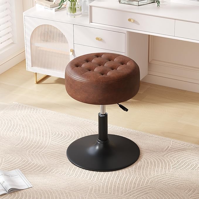 Furniliving Mid-Century Tufted Adjustable Swivel Makeup Ottoman Stool; Modern Big Size Round Vanity Stool Chair for Bedroom Living Room (Darkbrown)